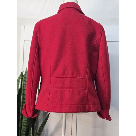 Chicos Full Button Collared Jacket Red Poly Blend Pockets Size 1 M Long Sleeve - Picture 3 of 4